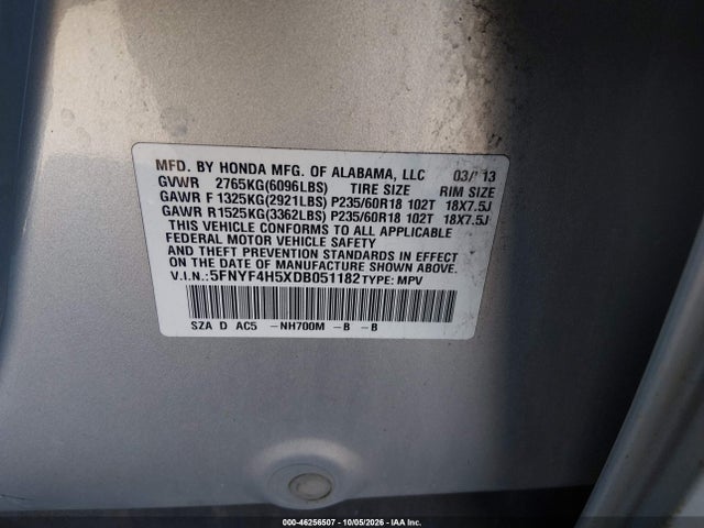 Aukcja sprzedaży 2013 Honda Pilot Ex-l, vin: 5FNYF4H5XDB051182, numer aukcji: 46256507