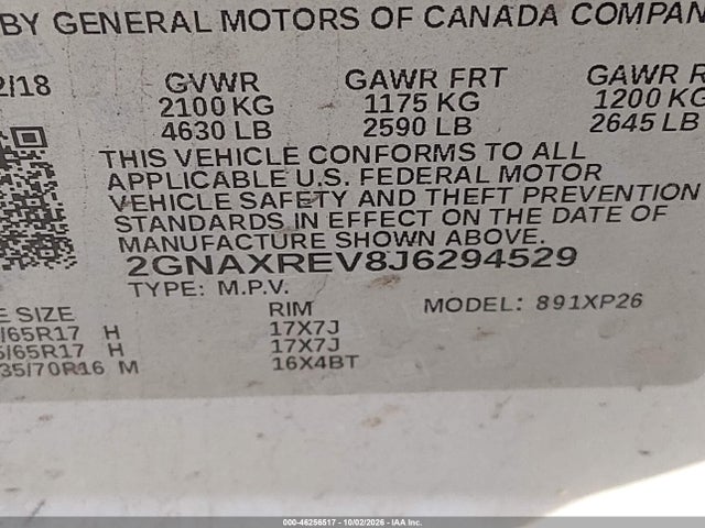 46256517 :رقم المزاد ، 2GNAXREV8J6294529 vin ، 2018 Chevrolet Equinox Ls مزاد بيع