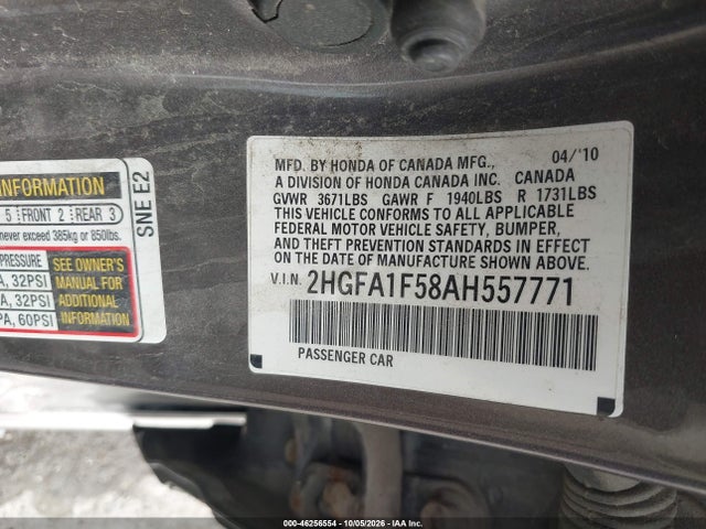 46256554 :رقم المزاد ، 2HGFA1F58AH557771 vin ، 2010 Honda Civic Lx مزاد بيع