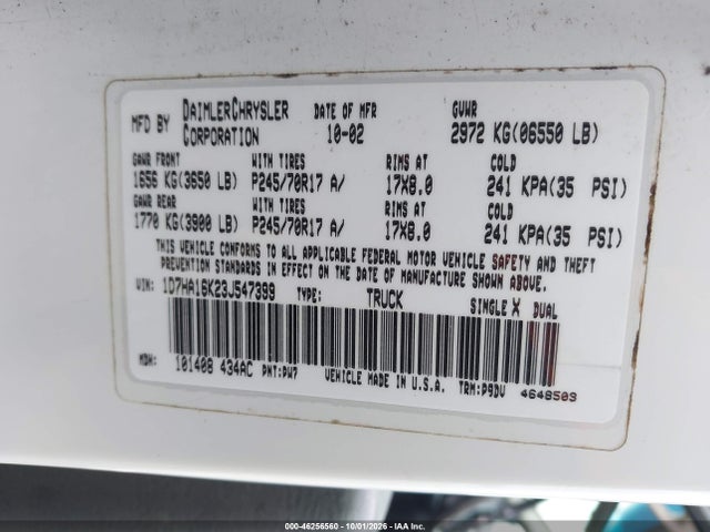 2003 Dodge Ram 1500 St მანქანა იყიდება აუქციონზე, vin: 1D7HA16K23J547399, აუქციონის ნომერი: 46256560