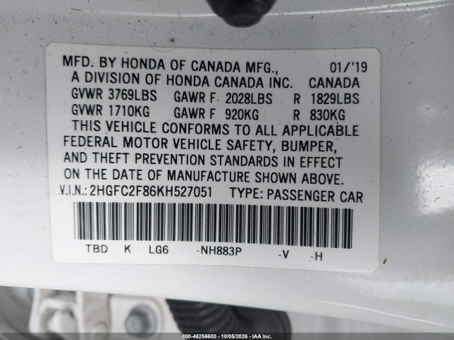 2019 Honda Civic Sport მანქანა იყიდება აუქციონზე, vin: 2HGFC2F86KH527051, აუქციონის ნომერი: 46256600