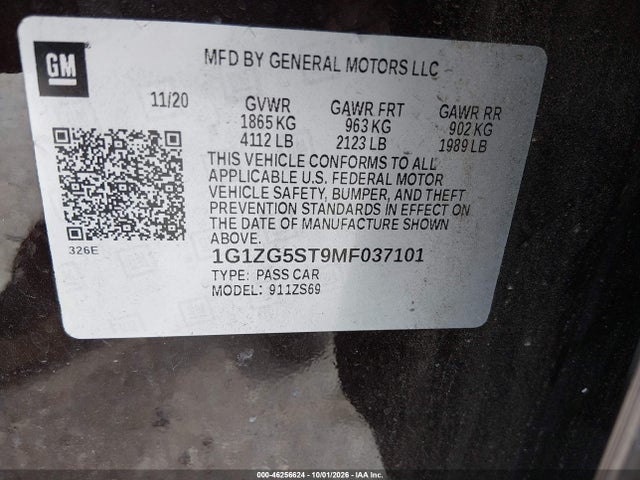 46256624 :رقم المزاد ، 1G1ZG5ST9MF037101 vin ، 2021 Chevrolet Malibu Fwd Rs مزاد بيع