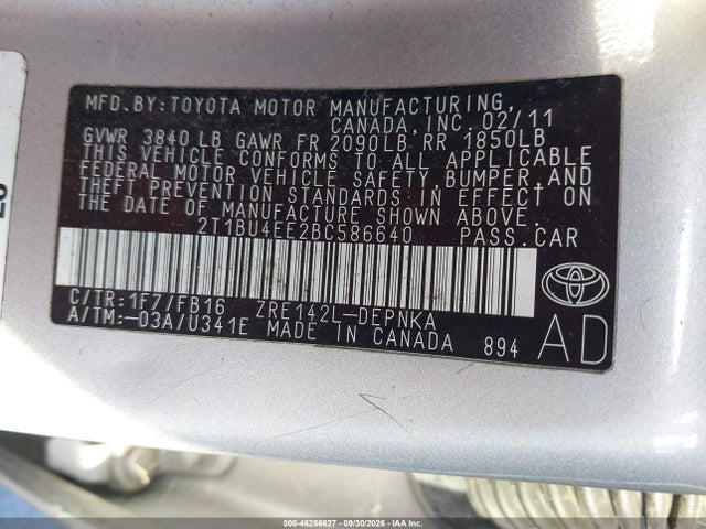 2011 Toyota Corolla Le მანქანა იყიდება აუქციონზე, vin: 2T1BU4EE2BC586640, აუქციონის ნომერი: 46256627