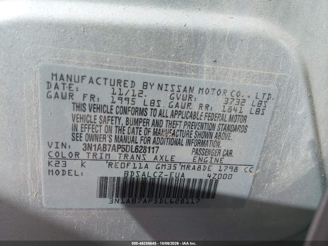 2013 Nissan Sentra S მანქანა იყიდება აუქციონზე, vin: 3N1AB7AP5DL628117, აუქციონის ნომერი: 46256645
