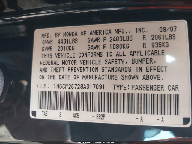 Продажа на аукционе авто 2008 Honda Accord 2.4 Ex, vin: 1HGCP26728A017091, номер лота: 46256653