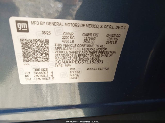 Продаж на аукціоні авто 2026 Chevrolet Equinox Awd Lt, vin: 3GNAXPEG5TL152871, номер лоту: 46256661