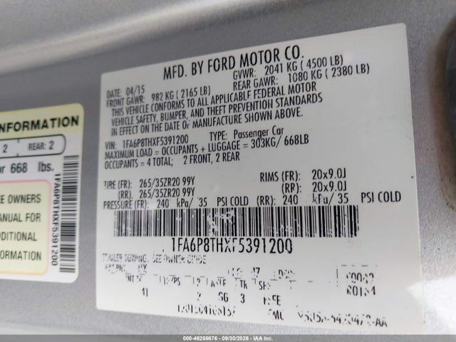 46256676 :رقم المزاد ، 1FA6P8THXF5391200 vin ، 2015 Ford Mustang Ecoboost مزاد بيع