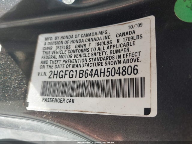 Aukcja sprzedaży 2010 Honda Civic Lx, vin: 2HGFG1B64AH504806, numer aukcji: 46256677