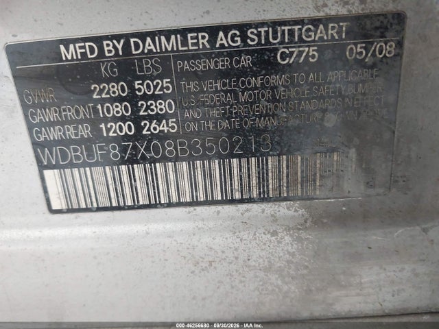 Aukcja sprzedaży 2008 Mercedes-benz E 350 4matic, vin: WDBUF87X08B350213, numer aukcji: 46256680