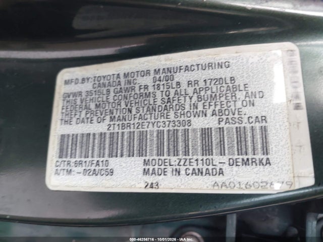 46256716 :رقم المزاد ، 2T1BR12E7YC373308 vin ، 2000 Toyota Corolla Ve مزاد بيع