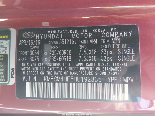 Продаж на аукціоні авто 2017 Hyundai Santa Fe Se, vin: KM8SM4HF5HU192335, номер лоту: 46256718