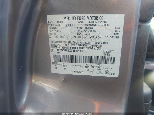 2008 Ford Escape Xlt მანქანა იყიდება აუქციონზე, vin: 1FMCU93Z78KE11262, აუქციონის ნომერი: 46256726