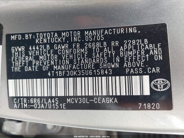 2005 Toyota Camry Xle V6 მანქანა იყიდება აუქციონზე, vin: 4T1BF30K35U615843, აუქციონის ნომერი: 46256739