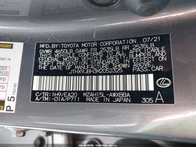 Продажа на аукционе авто 2021 Lexus Ux 250h, vin: JTHX9JBH3M2052325, номер лота: 46256785