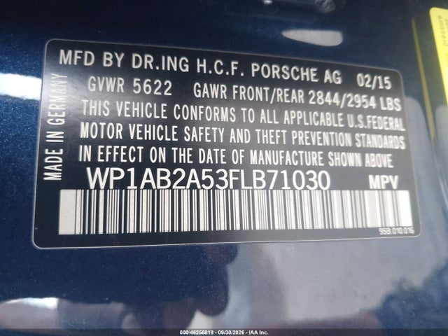 2015 Porsche Macan S მანქანა იყიდება აუქციონზე, vin: WP1AB2A53FLB71030, აუქციონის ნომერი: 46256818
