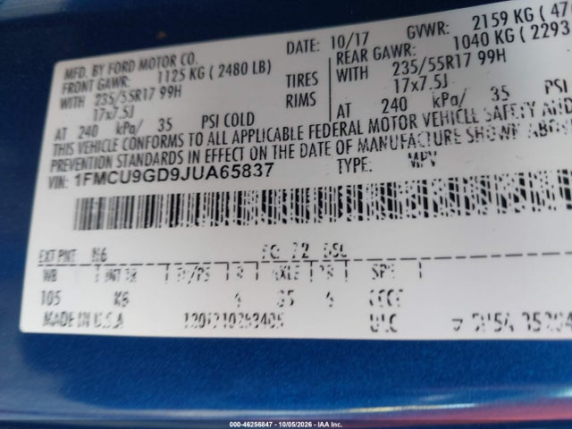 2018 Ford Escape Se მანქანა იყიდება აუქციონზე, vin: 1FMCU9GD9JUA65837, აუქციონის ნომერი: 46256847