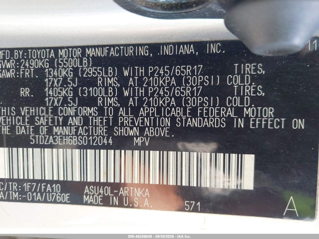 46256849 :رقم المزاد ، 5TDZA3EH6BS022044 vin ، 2011 Toyota Highlander Se مزاد بيع
