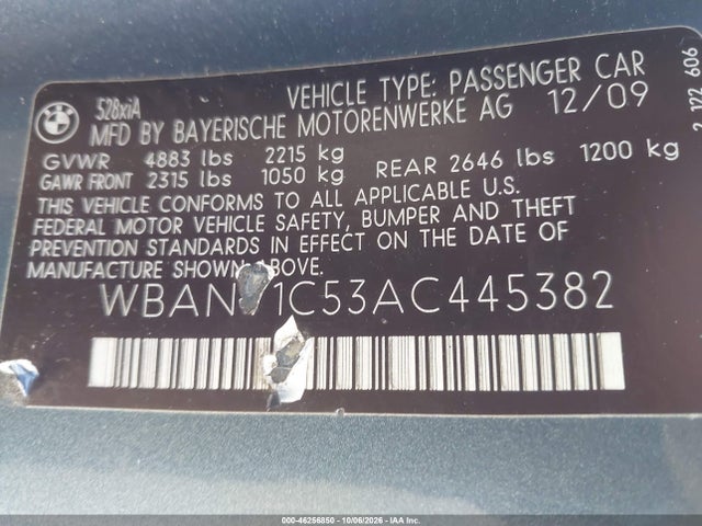 2010 Bmw 528i Xdrive მანქანა იყიდება აუქციონზე, vin: WBANV1C53AC445382, აუქციონის ნომერი: 46256850