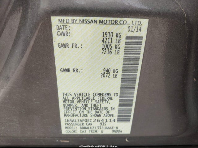 Продажа на аукционе авто 2014 Nissan Altima 2.5 Sv, vin: 1N4AL3AP0EC264114, номер лота: 46256854