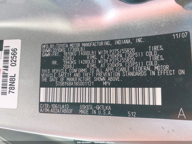 Aukcja sprzedaży 2008 Toyota Sequoia Limited 5.7l V8, vin: 5TDBY68A18S001121, numer aukcji: 46256867