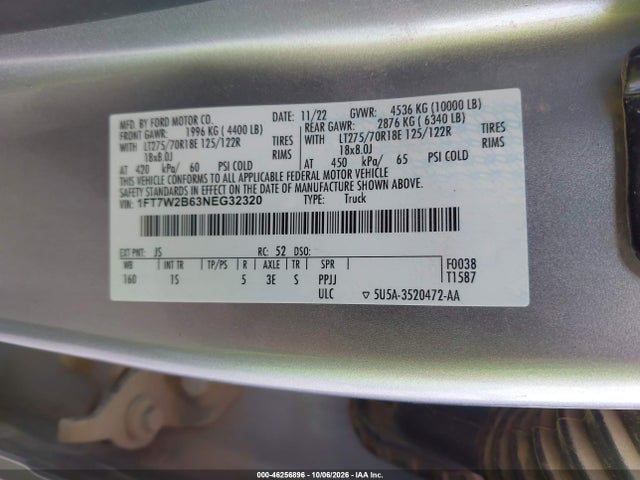 Продажа на аукционе авто 2022 Ford F-250 Xl, vin: 1FT7W2B63NEG32320, номер лота: 46256896