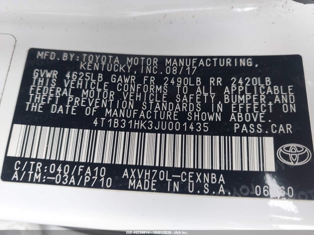 Aukcja sprzedaży 2018 Toyota Camry Hybrid Le, vin: 4T1B31HK3JU001435, numer aukcji: 46256914