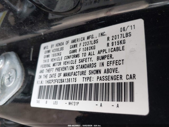 46256927 :رقم المزاد ، 1HGCP2F62BA136175 vin ، 2011 Honda Accord 2.4 Se مزاد بيع