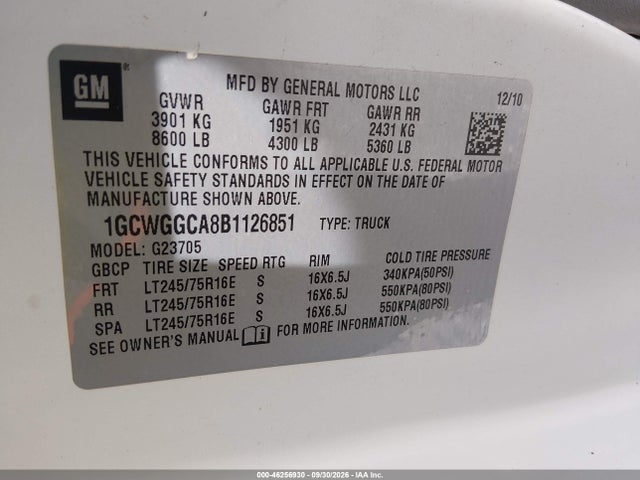 46256930 :رقم المزاد ، 1GCWGGCA8B1126851 vin ، 2011 Chevrolet Express 2500 Work Van مزاد بيع