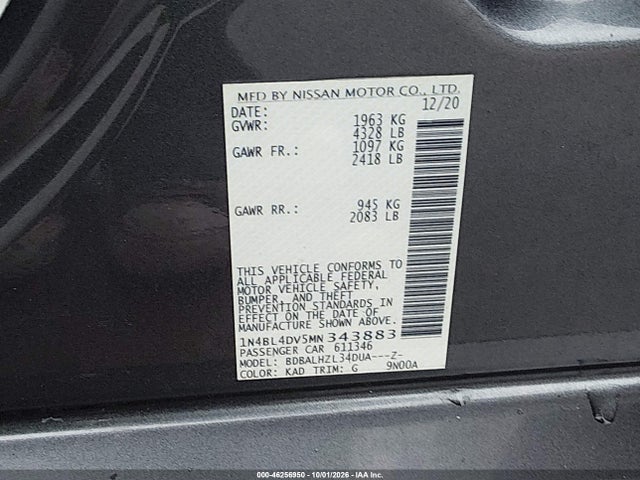 Продаж на аукціоні авто 2021 Nissan Altima Sv Fwd, vin: 1N4BL4DV5MN343883, номер лоту: 46256950