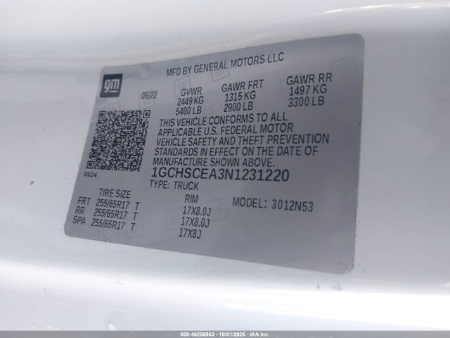 46256963 :رقم المزاد ، 1GCHSCEA3N1231220 vin ، 2022 Chevrolet Colorado 2wd  Long Box Lt مزاد بيع