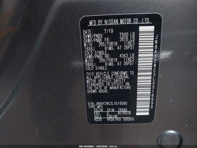 Продаж на аукціоні авто 2020 Nissan Armada Sv 4wd, vin: JN8AY2NC3LX516090, номер лоту: 46256964