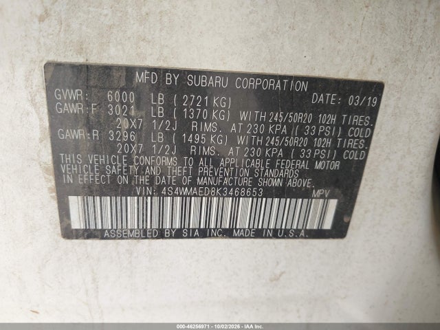 46256971 :رقم المزاد ، 4S4WMAED8K3468653 vin ، 2019 Subaru Ascent Premium مزاد بيع