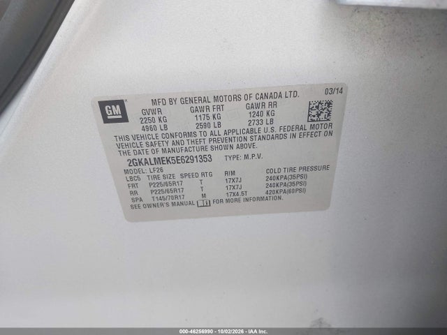 2014 Gmc Terrain Sle-1 მანქანა იყიდება აუქციონზე, vin: 2GKALMEK5E6291353, აუქციონის ნომერი: 46256990
