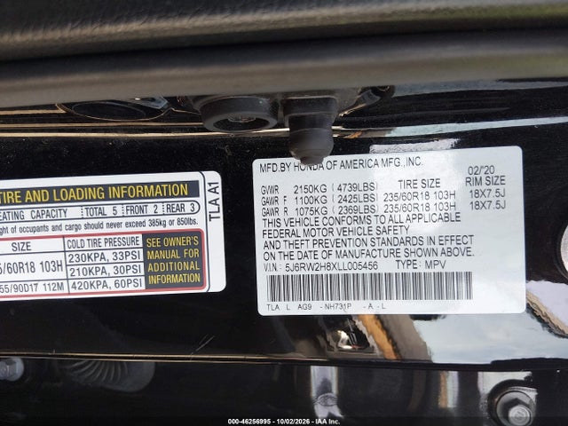 Продажа на аукционе авто 2020 Honda Cr-v Awd Ex-l, vin: 5J6RW2H8XLL005456, номер лота: 46256995