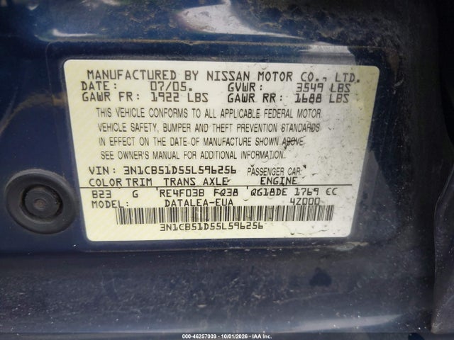46257009 :رقم المزاد ، 3N1CB51D55L596256 vin ، 2005 Nissan Sentra 1.8s مزاد بيع