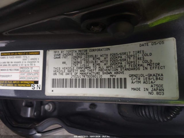 Продаж на аукціоні авто 2005 Toyota 4runner Limited V6, vin: JTEZU17R750060110, номер лоту: 46257013