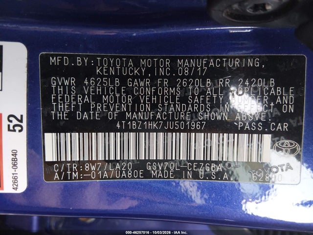46257016 :رقم المزاد ، 4T1BZ1HK7JU501967 vin ، 2018 Toyota Camry Xle V6 مزاد بيع