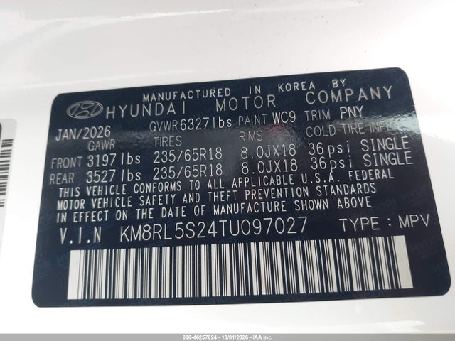 2026 Hyundai Palisade Sel 7p მანქანა იყიდება აუქციონზე, vin: KM8RL5S24TU097027, აუქციონის ნომერი: 46257024