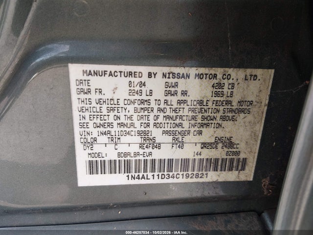 46257034 :رقم المزاد ، 1N4AL11D34C192821 vin ، 2004 Nissan Altima 2.5 S مزاد بيع