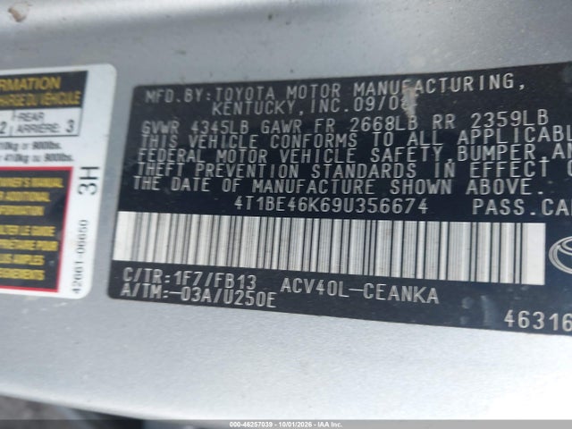46257039 :رقم المزاد ، 4T1BE46K69U356674 vin ، 2009 Toyota Camry Le مزاد بيع