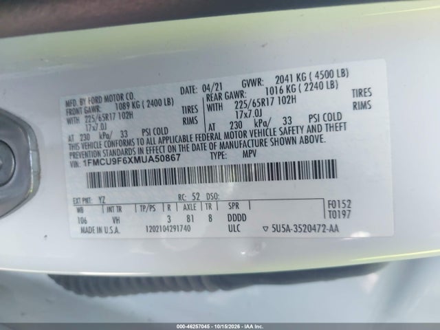 Ford ESCAPE S 2021 1FMCU9F6XMUA50867 Image 9