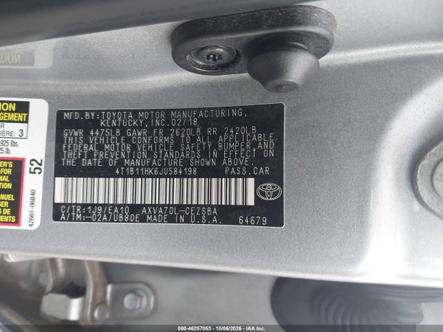 Aukcja sprzedaży 2018 Toyota Camry Se, vin: 4T1B11HK6JU584198, numer aukcji: 46257053