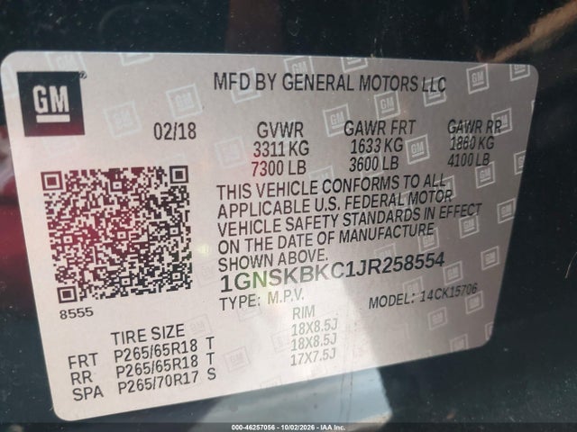 Aukcja sprzedaży 2018 Chevrolet Tahoe Lt, vin: 1GNSKBKC1JR258554, numer aukcji: 46257056