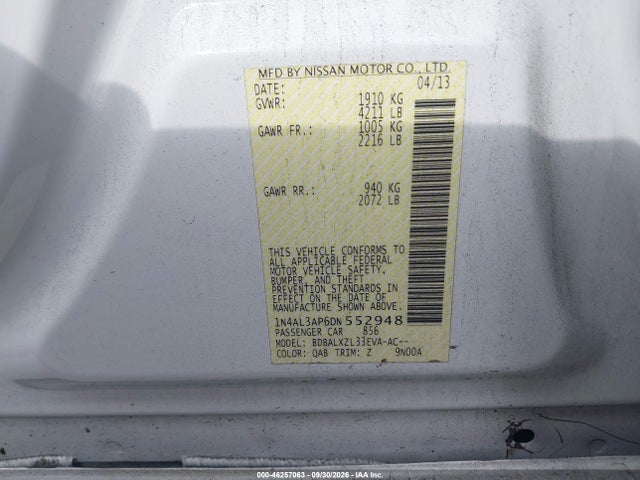 2013 Nissan Altima 2.5 Sl მანქანა იყიდება აუქციონზე, vin: 1N4AL3AP6DN552948, აუქციონის ნომერი: 46257063