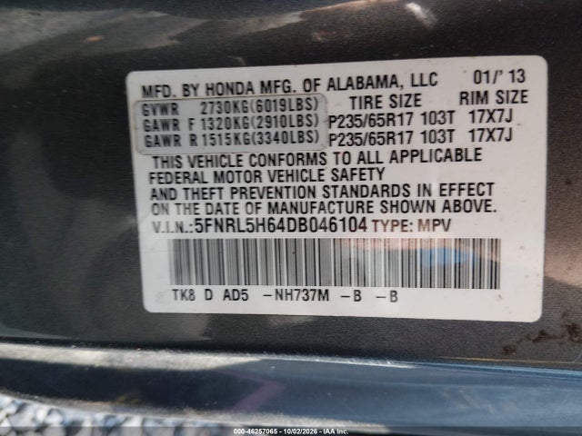 Продаж на аукціоні авто 2013 Honda Odyssey Ex-l, vin: 5FNRL5H64DB046104, номер лоту: 46257065