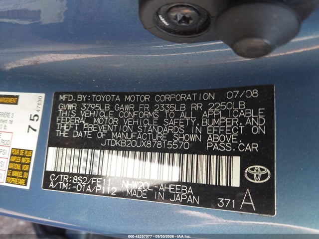 Aukcja sprzedaży 2008 Toyota Prius, vin: JTDKB20UX87815570, numer aukcji: 46257077