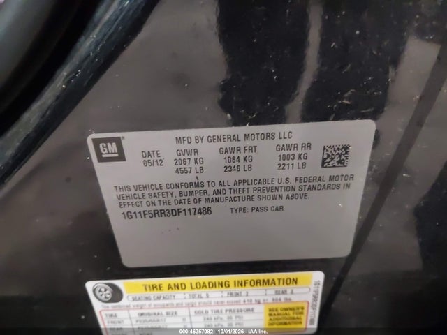 Продаж на аукціоні авто 2013 Chevrolet Malibu Eco Premium Audio, vin: 1G11F5RR3DF117486, номер лоту: 46257082