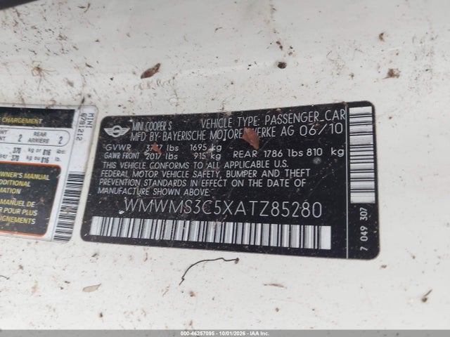 2010 Mini Cooper S მანქანა იყიდება აუქციონზე, vin: WMWMS3C5XATZ85280, აუქციონის ნომერი: 46257095