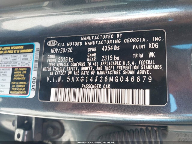 2021 Kia K5 Lxs მანქანა იყიდება აუქციონზე, vin: 5XXG14J26MG046679, აუქციონის ნომერი: 46257104