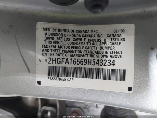 2009 Honda Civic Lx მანქანა იყიდება აუქციონზე, vin: 2HGFA16569H543234, აუქციონის ნომერი: 46257130